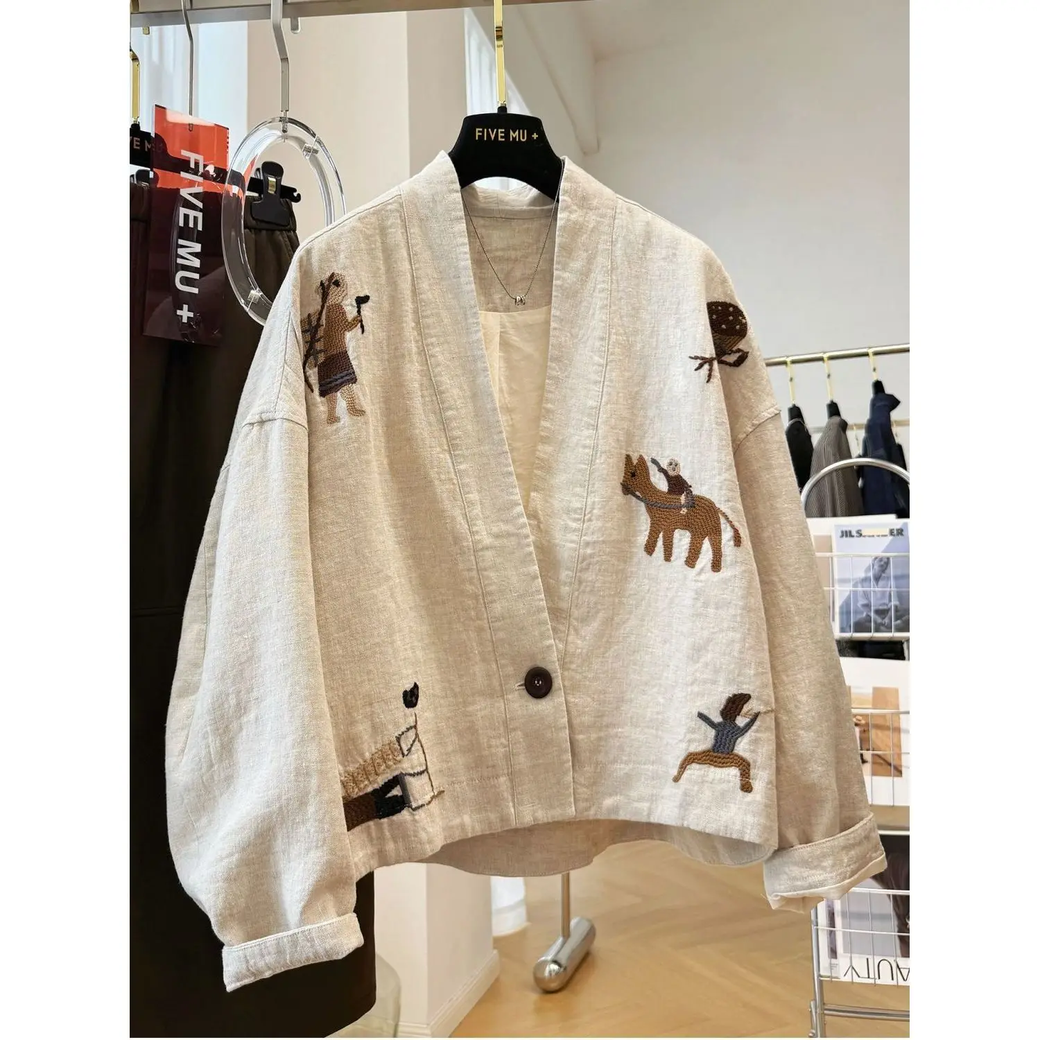 Elegant Embroidered Cotton Linen Short Jacket V-Neck Women's Autumn Coat Casual Loose Fit Printed Long Sleeve Button Closure
