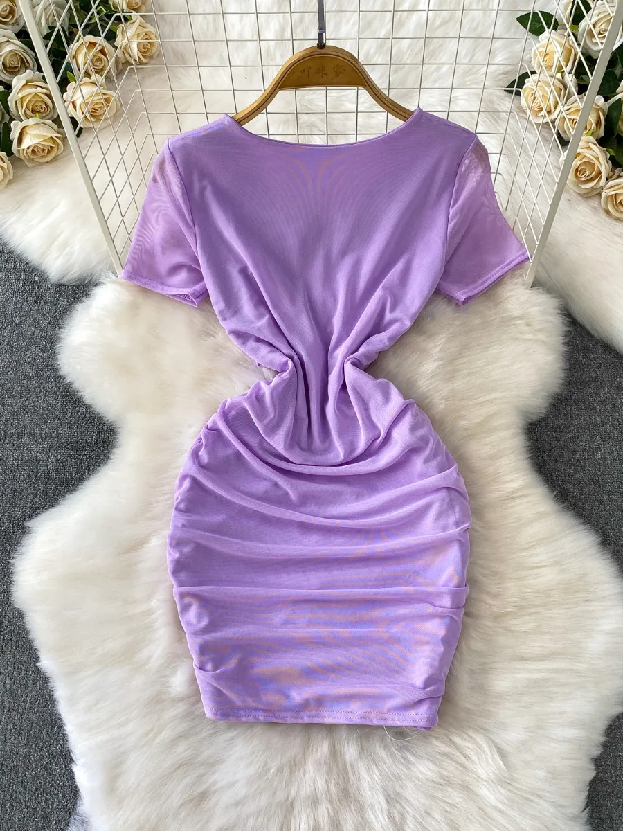 Foamlina 여성 여름 메쉬 미니 드레스 섹시한 크로스 V 넥 타이 허리 딥 넥 라인 슬림 피트 Bodycon Club Party Outfit