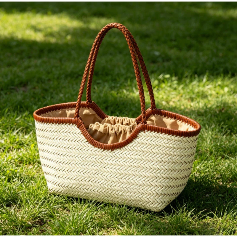 Luxury Genuine Leather Woven Handbag Lined Large Capacity Shoulder Bag French Retro Style Summer Beach Travel Shopping Bag New