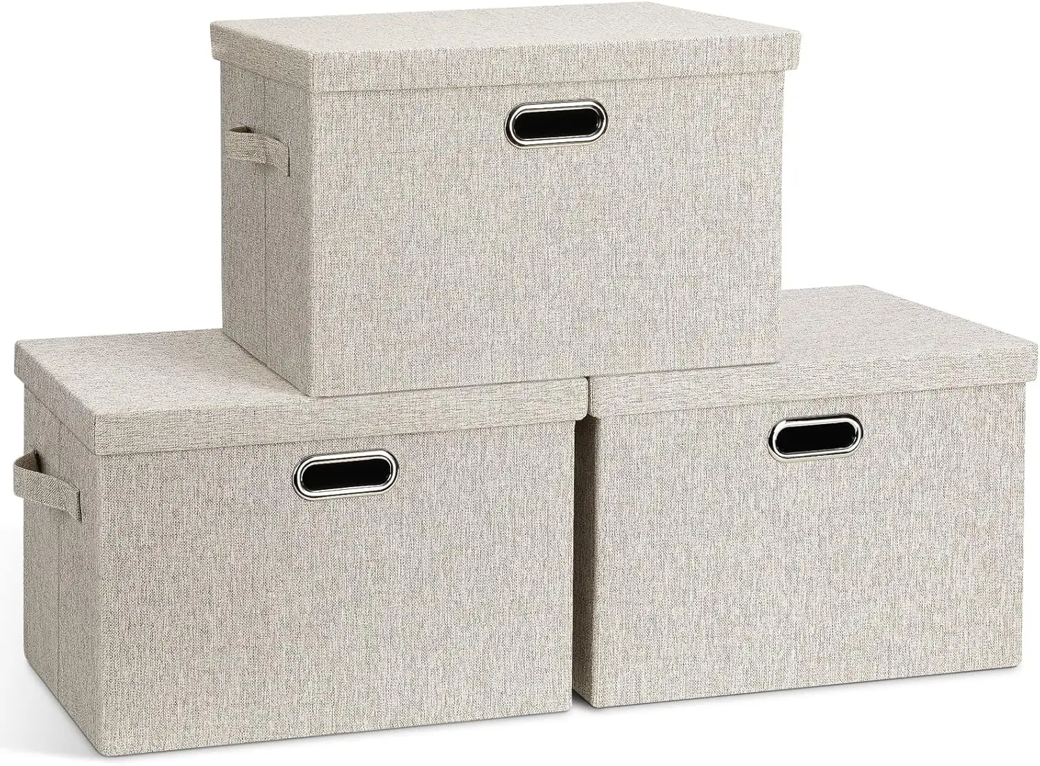 

Collapsible Stackable Storage Bins with Lids, 3-Pack Beige Fabric Organizers for Closet Bedroom Office