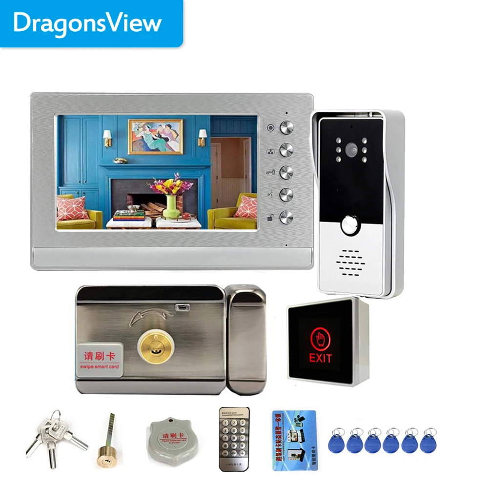 Dragonsview 7 Inch Video Intercom with Lock Video Door Phone Doorbell Camera Exit Unlock Button Day Night Vision Waterproof