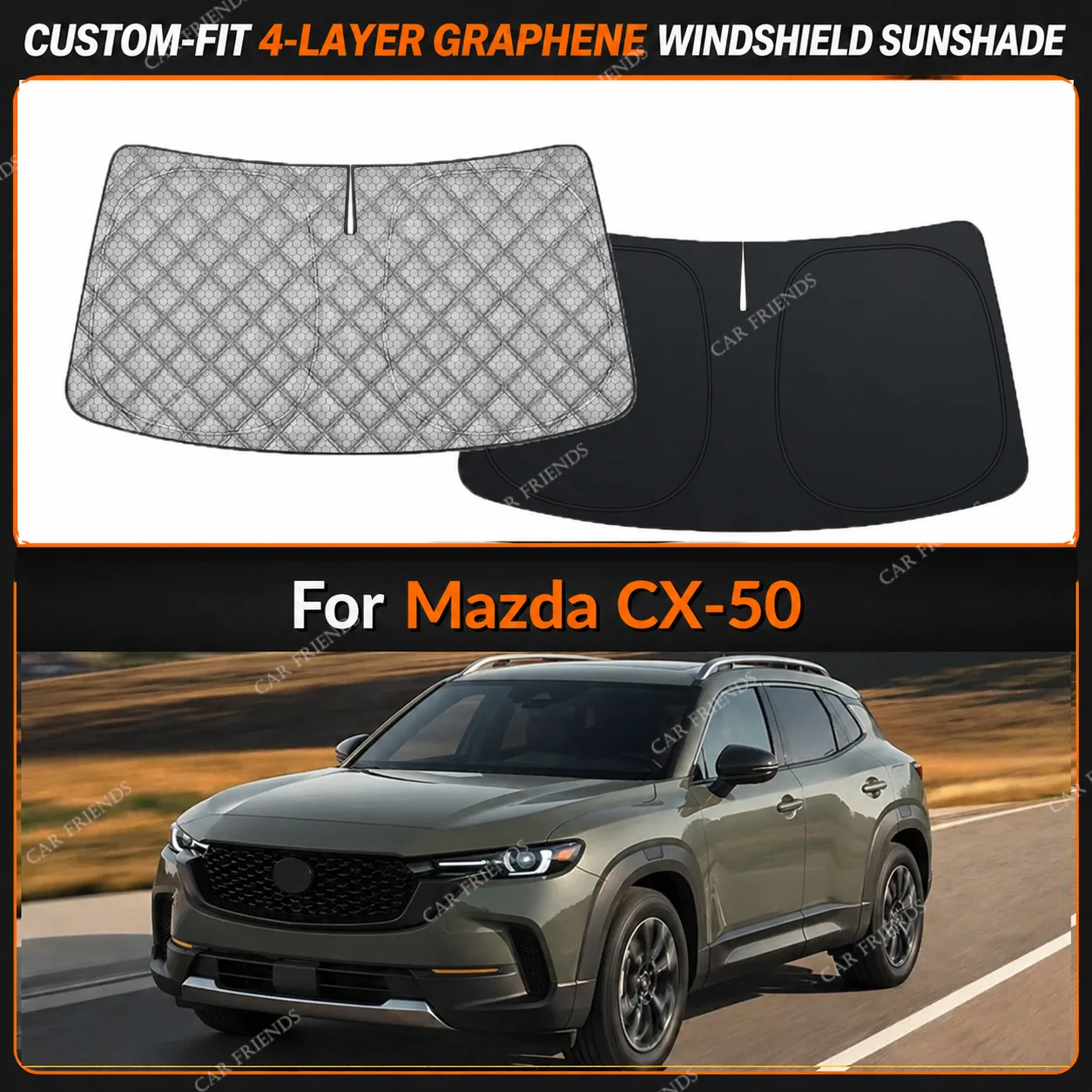 For Mazda CX-50 Custom-Fit 4-Layer Graphene Windshield Sunshade Reflective Gray-Silver Surface Helps Reduce Direct Sunlight