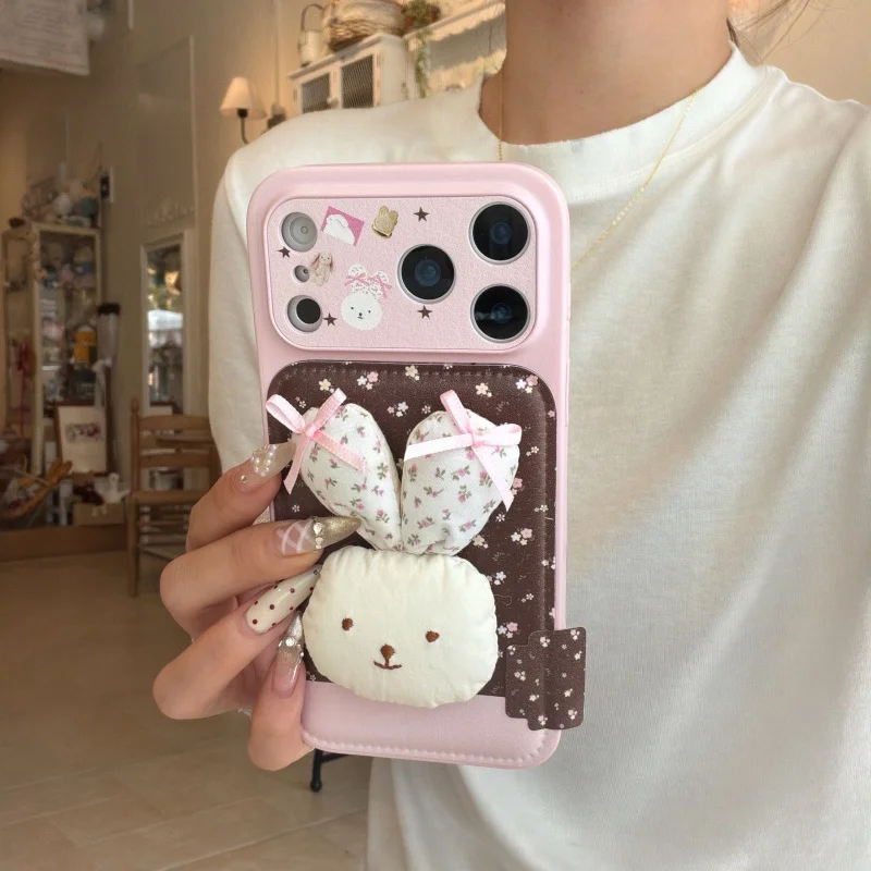 

Korean Little Flower Painting 3D Plush Rabbit Leather Phone Case For iPhone 17 Pro 16 15 Pro Max Back Cover Cartoon Protective C