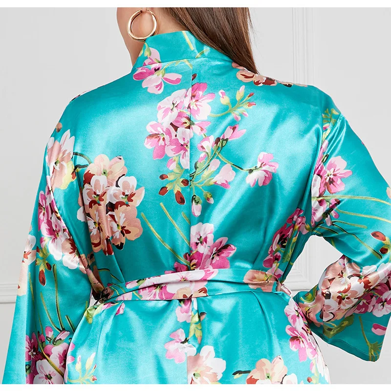 Satin Long Sleeve Bathrobe for Women Big Size 4Xl 5Xl Nightgown Sexy V-Neck Kimono with Belt Loose Home Wear Sexy Print Robe