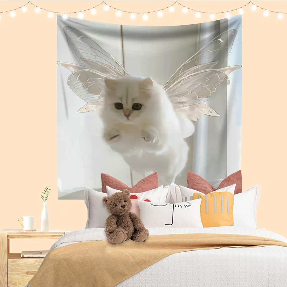 Tapestry Cute Cat Meme Printed Funny Animal Bedroom Dorm Decoration Wall Hanging Sofa Blanket Room Decor Aesthetic Kawaii Room