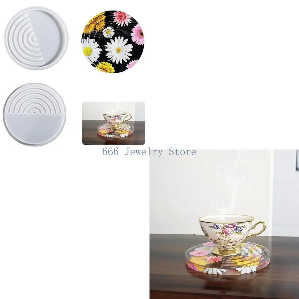 F2TD Diy Homemade Coffee Mold Half Moon Round Striped for Creative Silicone Mold Crystal Placemat Mold for Diy Craft