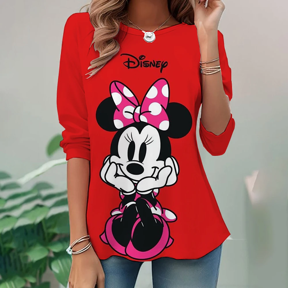 2024 Women's T shirt Tee Disney Mickey and Minnie print Daily Sweatshirt Weekend Fashion Long Sleeve t shirts O Neck Spring