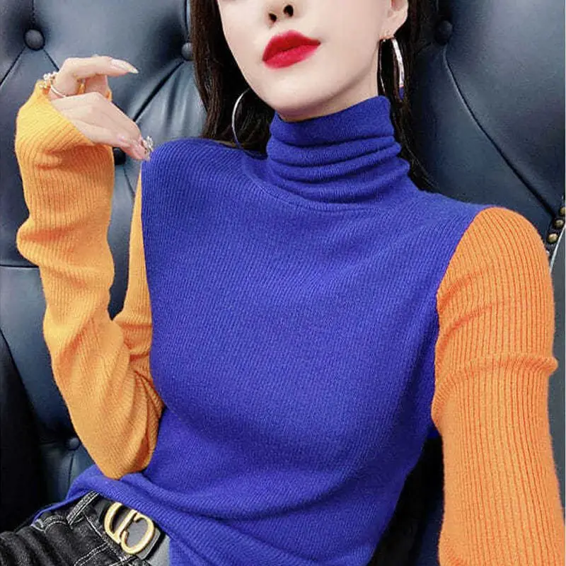 Fashion Turtleneck Long Sleeve Knitted Spliced Color Sweater Women\'s Clothing 2022 Autumn New Loose Casual Pullovers Korean Tops