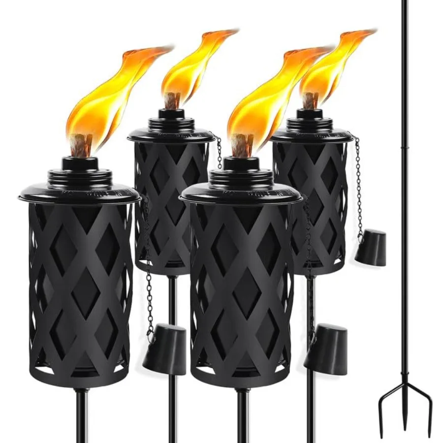 Citronella Torches for Outside Set of 4, 16 Oz Outdoor Torches with 3-Prong Grounded Stake, 59 Inch Metal Torch for Garden Déco