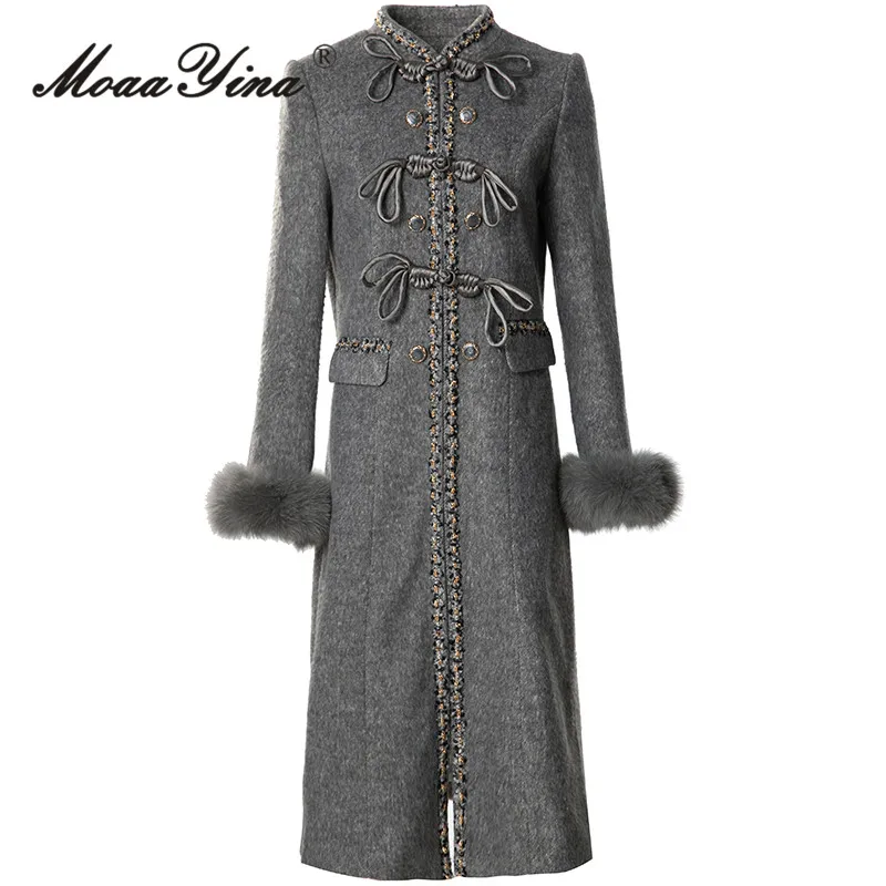 

MoaaYina Autumn/winter Vintage Designer Coat Women Grey Stand Collar Single-breasted Pocket S-3XL Long Overcoat