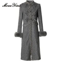 MoaaYina Autumn/winter Vintage Designer Coat Women Grey Stand Collar Single-breasted Pocket S-3XL Long Overcoat