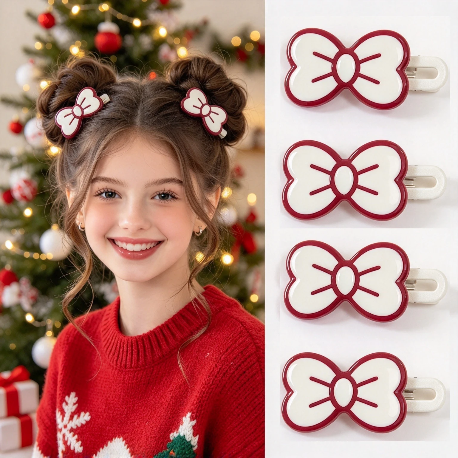 4PCS Christmas Red White Bow Hair Clips for Girls Cute Heart Bow Barrettes Side Bangs Hairpin Sweet Kids Hair Accessories
