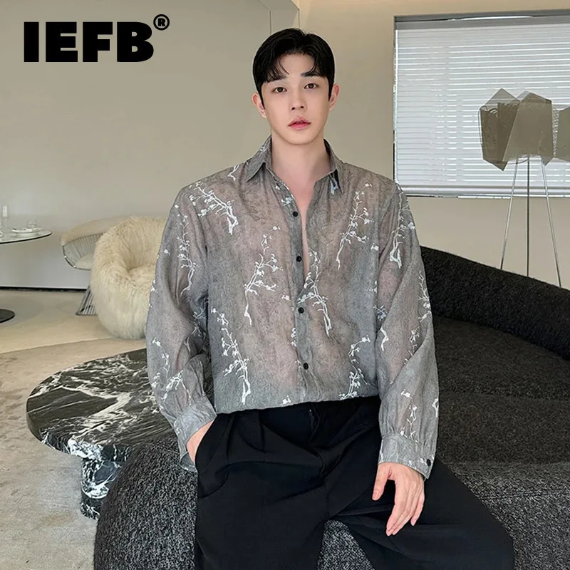 

IEFB Niche Ink Painting Breathable Shirt male Loose fit Flower Plush Embroidery Perspective Shirts Trendy 2024 fall 9C7133