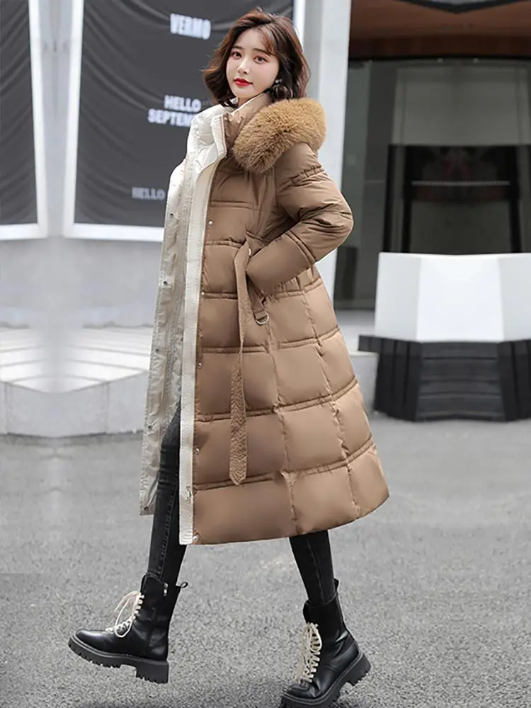 Vielleicht Winter Long Parkas for Women Hooded Fur Collar High Quality Warm Thick Female Coat Snow Wear Jacket Clothes With Belt