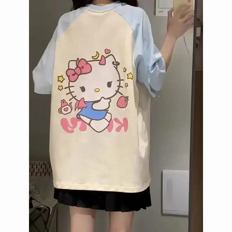 helloKitty top t-shirt Miniso Sanrio kitcat clothing summer Light blue japan Korean casual Soft comfortable outdoor wear clothes