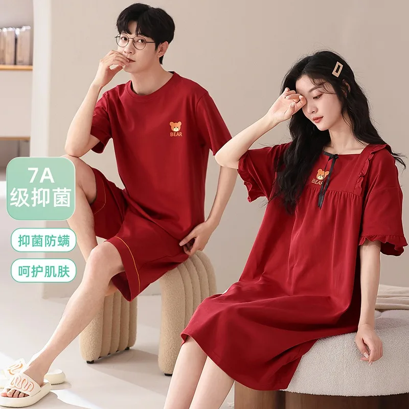 Summer Couples Pajamas Set Women Men Cotton Pyjamas Sleepwear Cartoon Korean Lovers Homewear Nightdress Short Sleeve Pijama