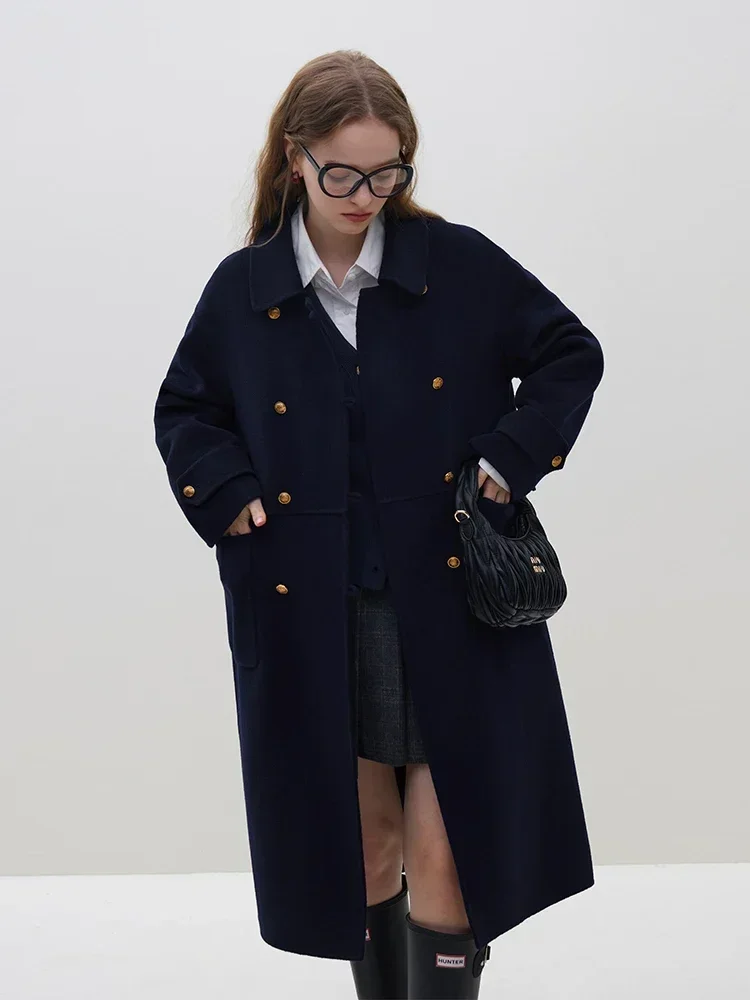 FSLE 100% Wool College Style Women Navy Blue Long Woolen Jackets Drop Sleeve Design Casual Winter New Female Grey Wool Coats