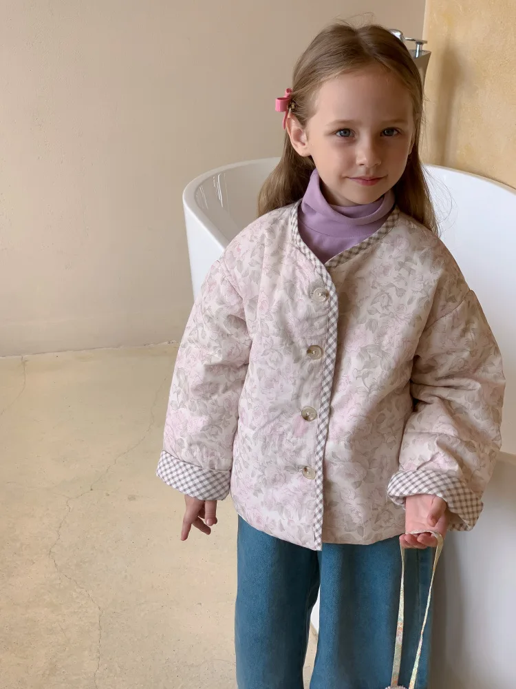 

Korean Autumn Winter Toddler Girl Parka Cotton Padded Warm Baby Girl Jacket Long Sleeve Floral Print Sweet Kid Girl Outwear Coat