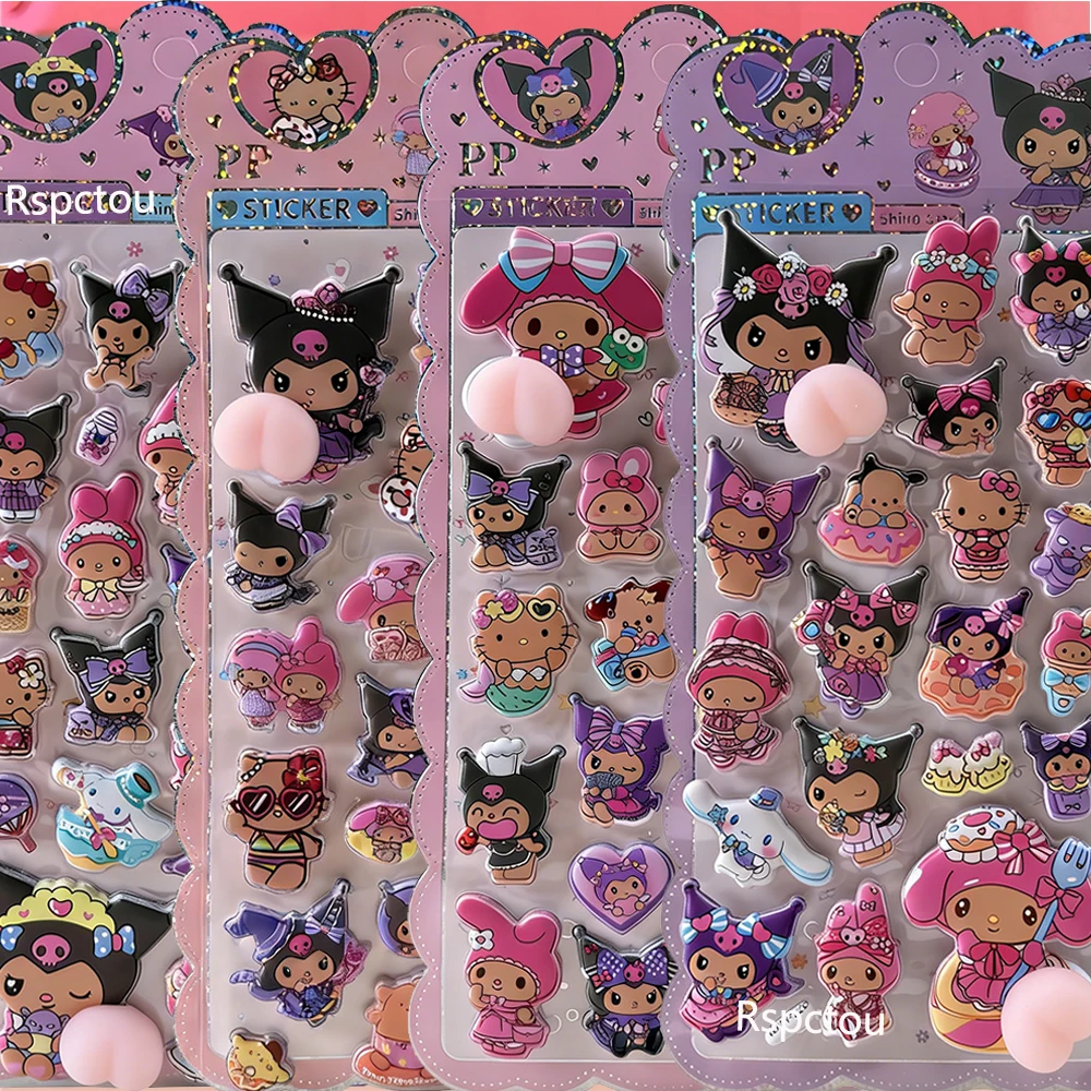 4 pièces peau noire Sanrio pincable fesses autocollants mignon Kuromi ma mélodie dessin animé 3D bulle décalcomanies bagages cahier téléphone autocollant