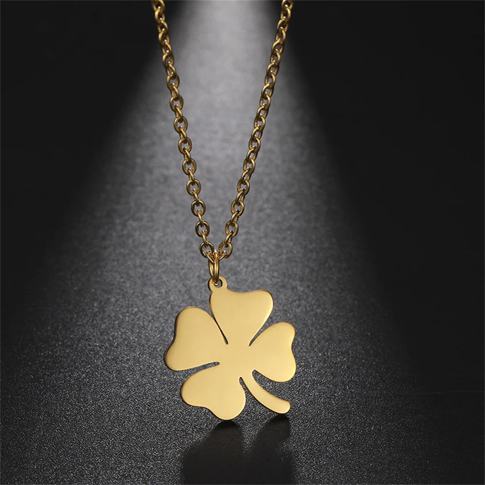 Kkjoy Stainless Steel Plant Four-Leaf Clover Pendant Necklace Fashion Elegant Feminine Short Clavicle Chain Necklace Jewelry