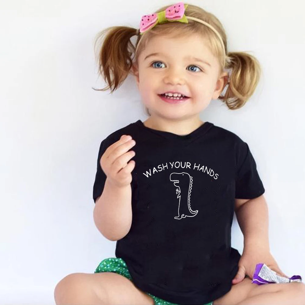 Unisex Toddler T-Shirt, Wash Your Hands Cartoon Dinosaur Print Short Sleeve Tee, Soft Breathable Cotton Kids Summer Casual Tops,