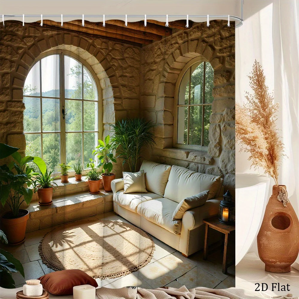 

Stone House Shower Curtain Waterproof Fabric Bathroom Curtains Arched Window View Bath Screen Divider Home Decor With Hooks