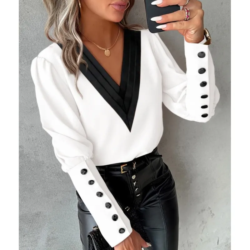 Blusa de Botão de Manga Longa Feminina, Camisa Decote V, Top Branco, Monocromática, Elegante, Escritório, Moda, Lady, Outono, 2024