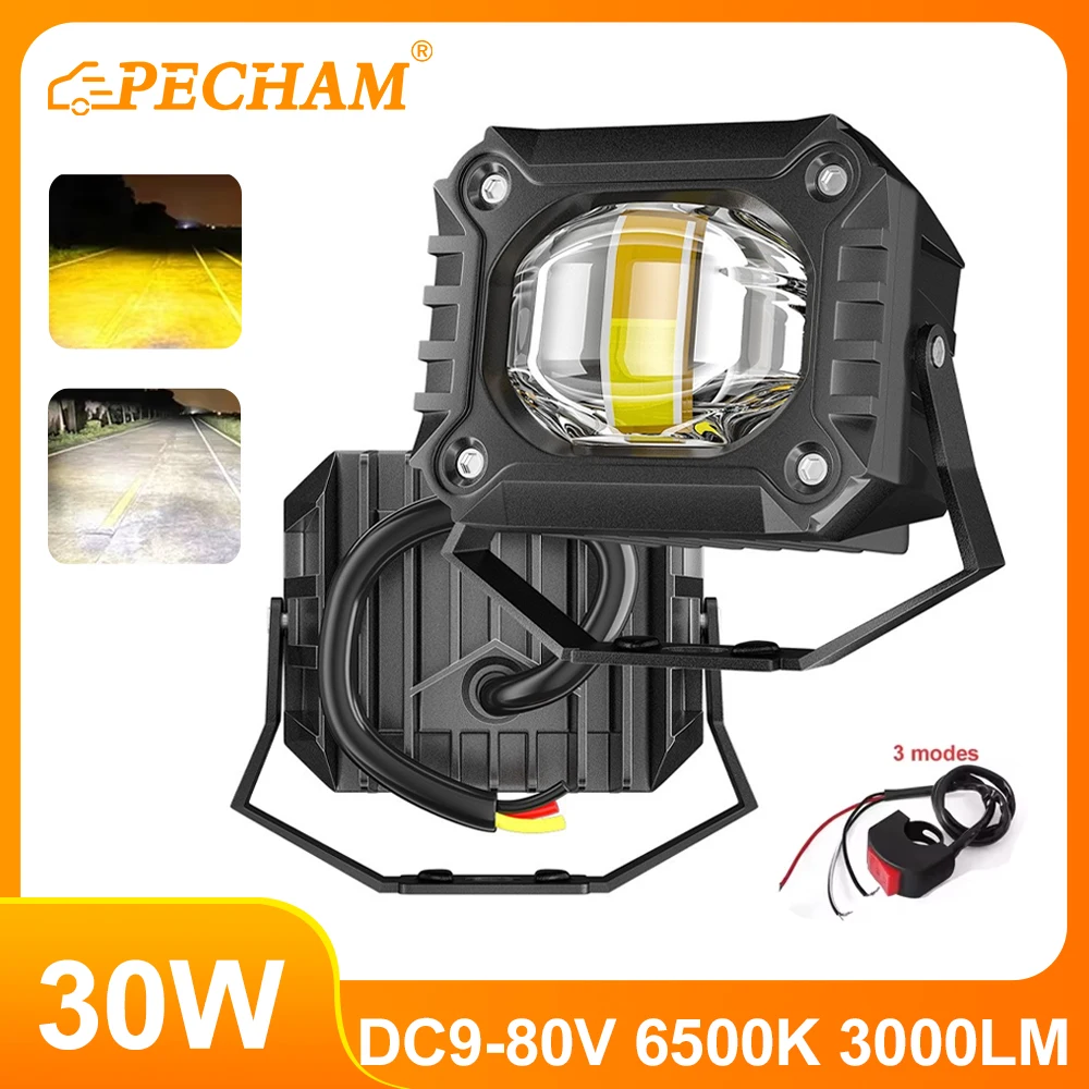 30W Motorcycle LED Spotlight 8V-80V Dual Color High/Low Beam Fog Lamps for Car Trucks SUV UTV Mini Lens Headlight Driving Light