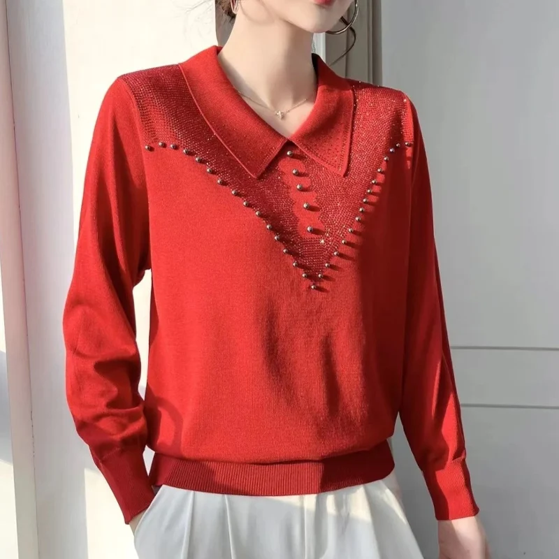 Spring Autumn New Solid Color Doll Collar Long Sleeve Ice Silk Fabric Knitting Pullovers Women Diamonds Embroidered Flares Tops