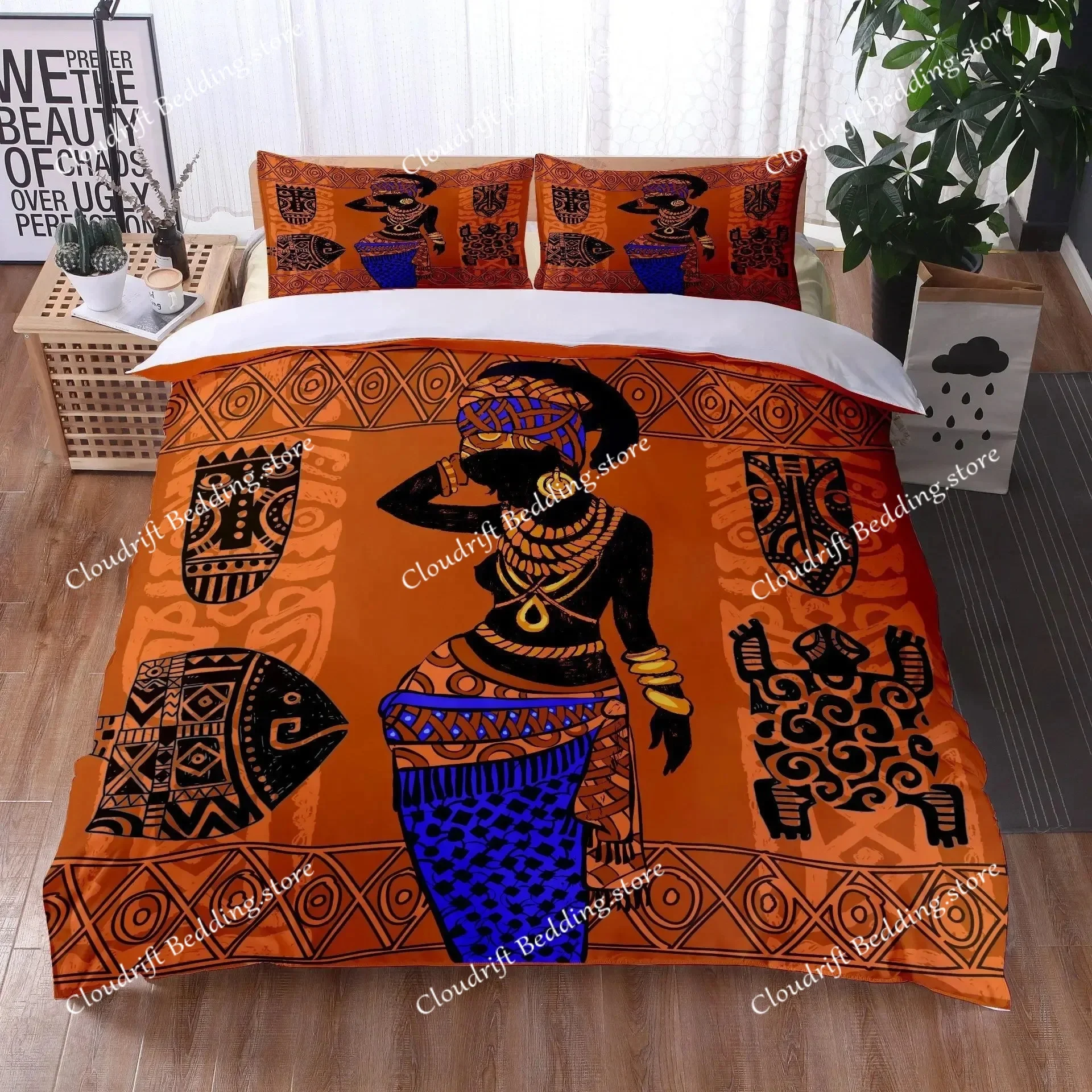 African Woman Bedding Set Ethnic Afro Duvet Cover Microfiber African American Comforter Set 3 Pieces Orange Ancient Desert Full