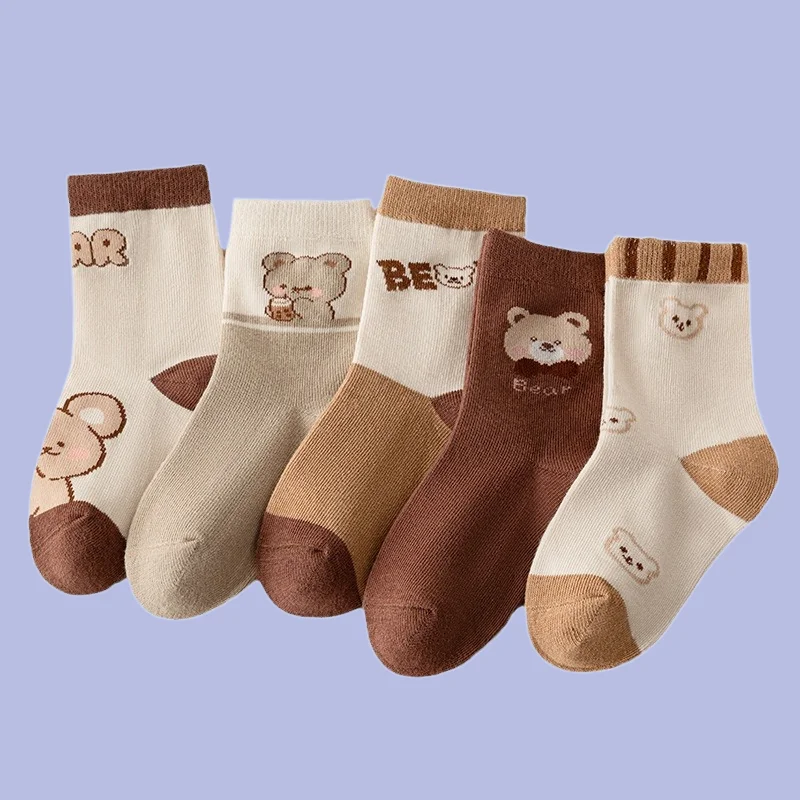 5 Pairs Milk Tea Bear Socks Spring and Summer All-match Boys and Girls Cotton Socks Cute Cartoon Baby Socks New Children's Socks