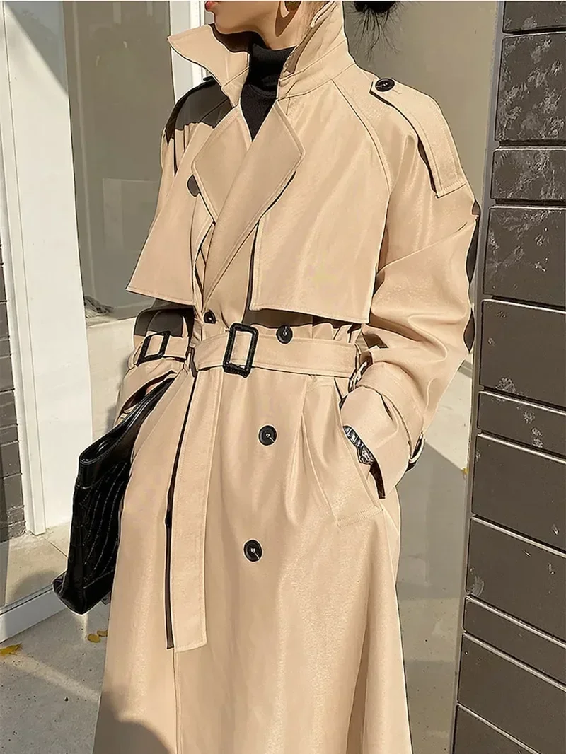 Elegant Khaki Long Trench Coats for Women Vintage Double Breasted Black Windbreaker Korean Casual Loose Long OverCoat Streetwear