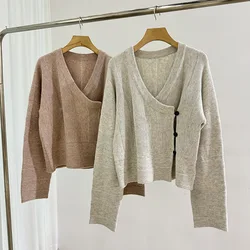 Autumn Winter Women Knitted Cardigan Side Single Breasted V-Neck Long Sleeve Loose Female Sweater