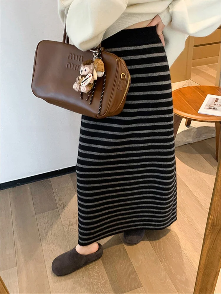 

Новая женская вязаная юбка миди с высокой талией в полоску, прямого кроя, корейский стиль, для осени и зимы, стройнящая, для офиса и повседневной носки