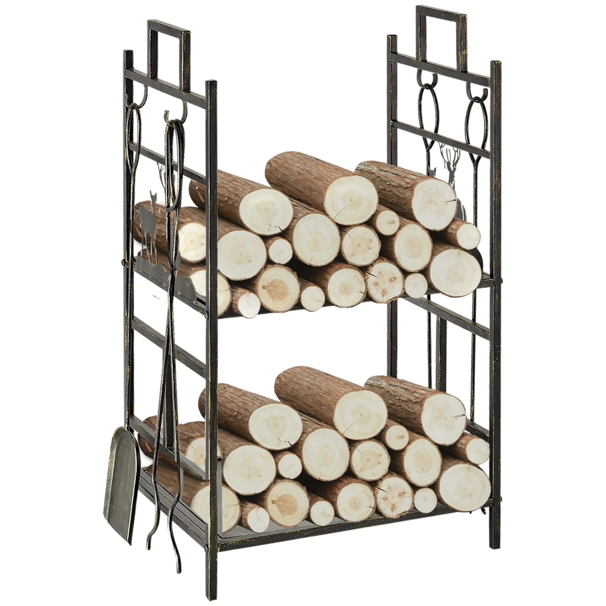 Porta legna da ardere in metallo Outsunny con 4 utensili e maniglie per uso interno ed esterno 51,5X33X77 cm Nero Oro