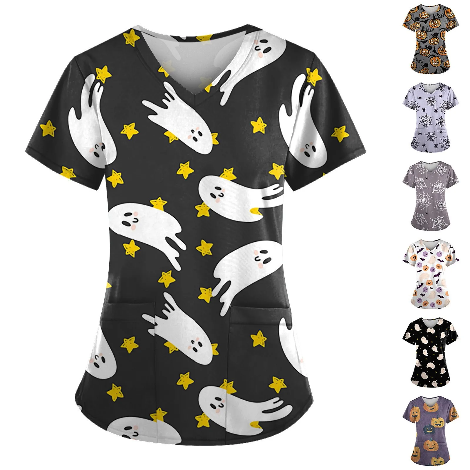 

Halloween Theme Printed V-neck Short Sleeve Fashion Casual Nursing Top Soft and Comfortable Thin Protective Work Suit