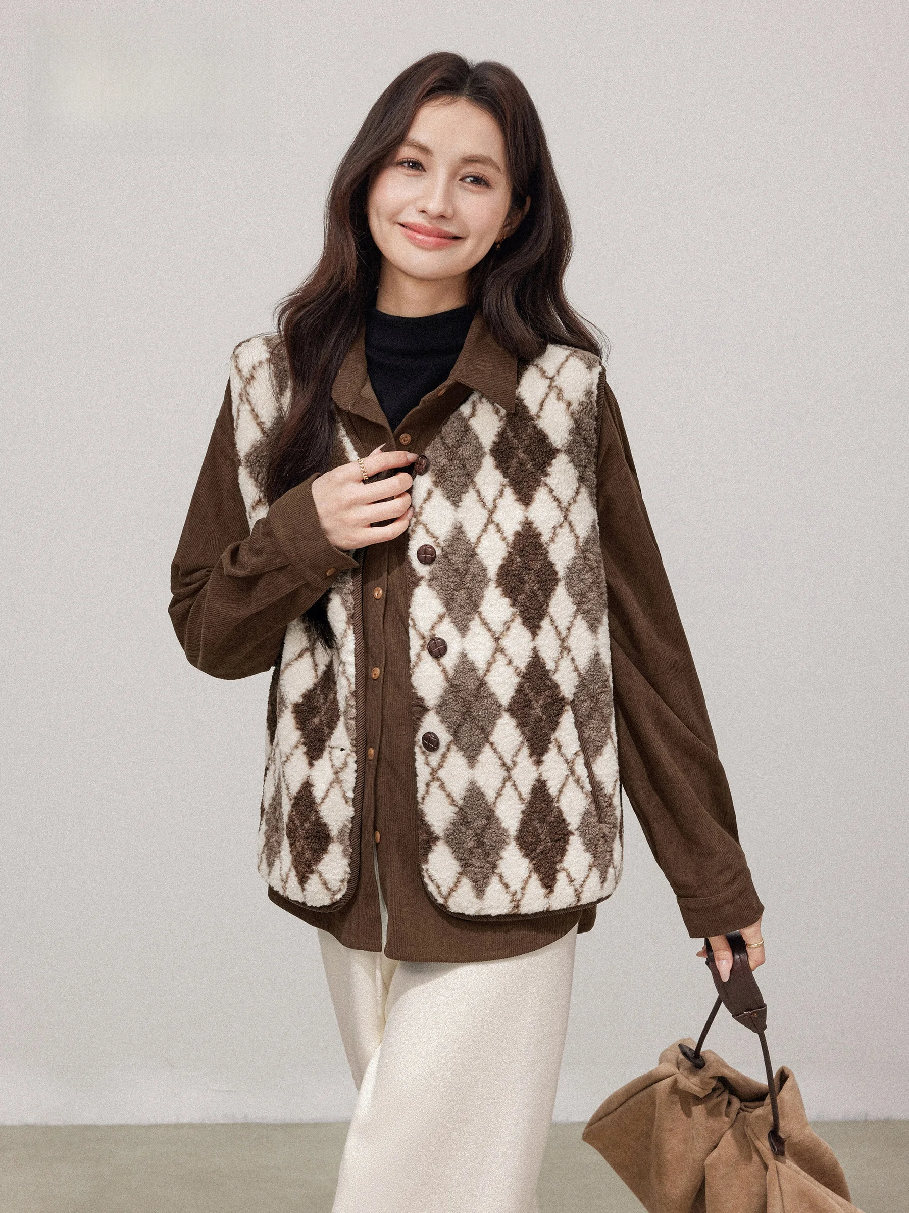 

Retro Coffee Color Diamond Grid V-neck Women's Jacket Vest Outerwear Sleeveless Tank Top Casual Style Regular Length Outerwear