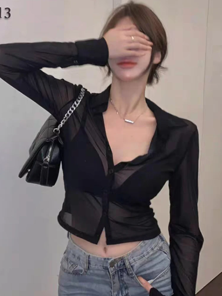 Mesh Sheer Shirts Women Long Sleeve Sunscreen Crop Tops Sexy Summer Thin Breathable Skinny Fashion Ins Streetwear Ladies Chic