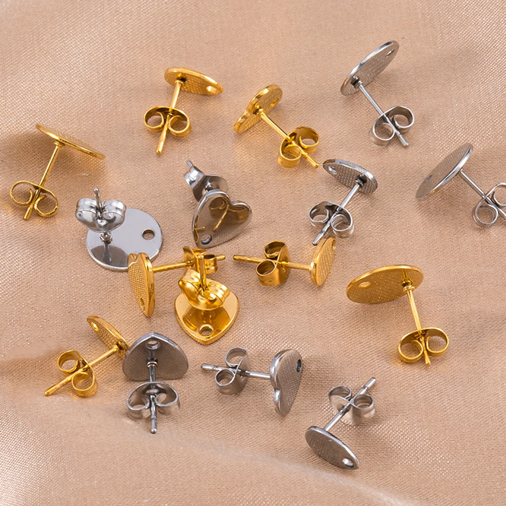 

10Pcs Gold Color Stainless Steel Love Heart Round Ear Studs Earring Stud Pins Base for DIY Earrings Jewelry Making Accessories