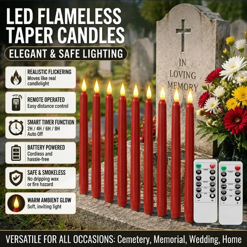 Beautiful Colorful Long Stick LED Simulated Taper Candles, Electronic Flameless for Cemetery Grave Memorial Decoration