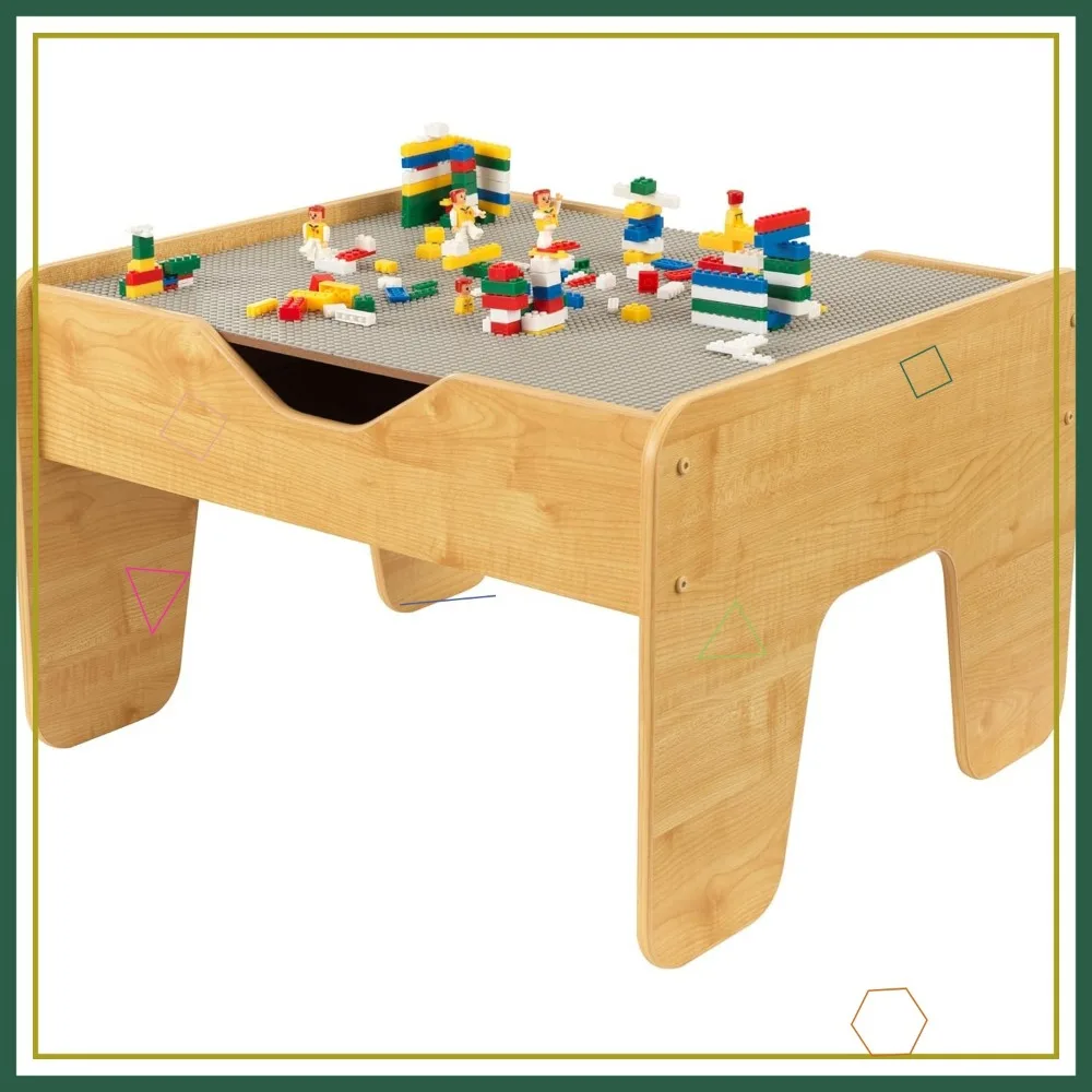 Reversible Wooden Activity Table with 195 Building Bricks, Gray & Natural, Gift for Kids Age 3+
