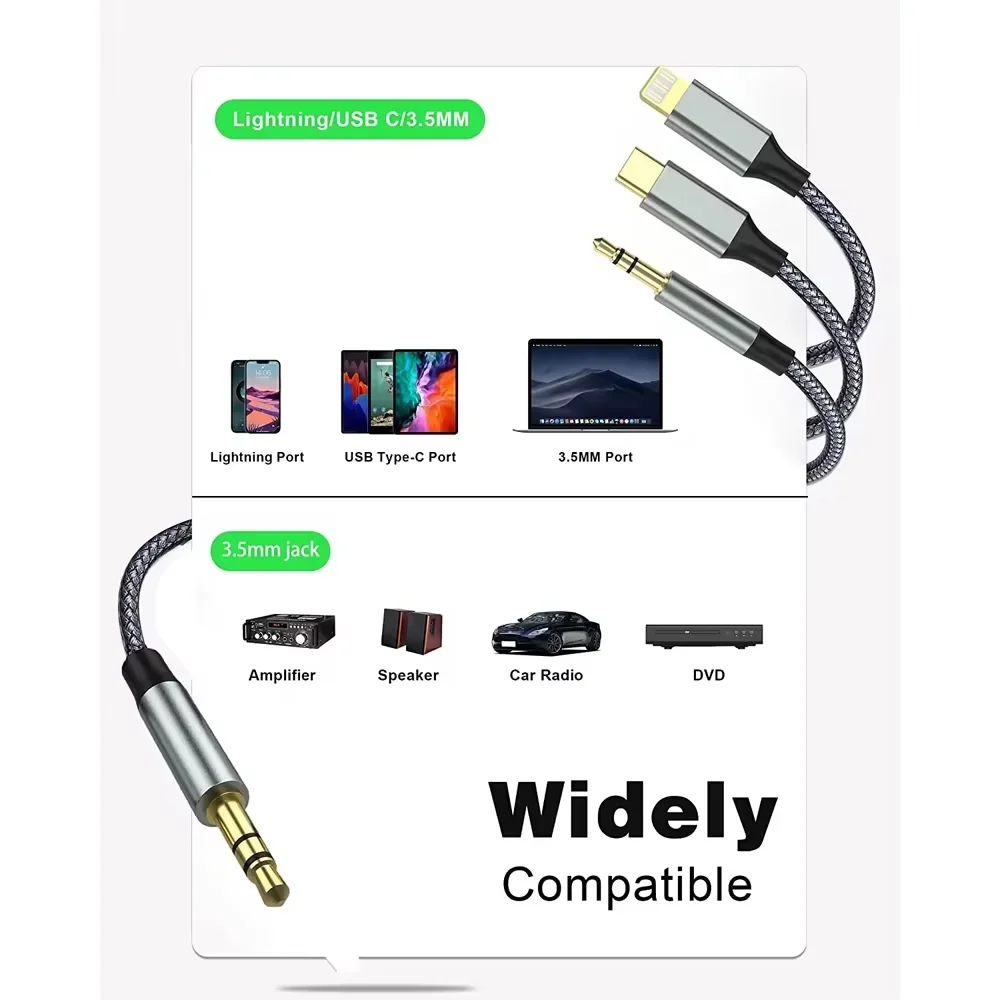 3 in 1 Aux Audio Cable USB Type C/Lightning to 3.5mm jack Aux Cable For Phones Car Speaker Male to Male USB-C Converter Cable