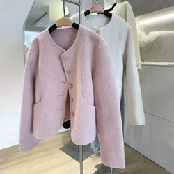 New Luxury Alpaca Double-sided Wool Coat Short Women Fashion O-neck Single-breasted Long Sleeve Warm Real Wool Jacket Winter