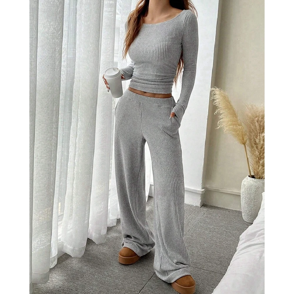 Elegant Two Pieces Ribbed Outfits Long Sleeve Shirring Waist Slim Fit Top and Casual Wide Leg PantsSet for Women Autumn Winter