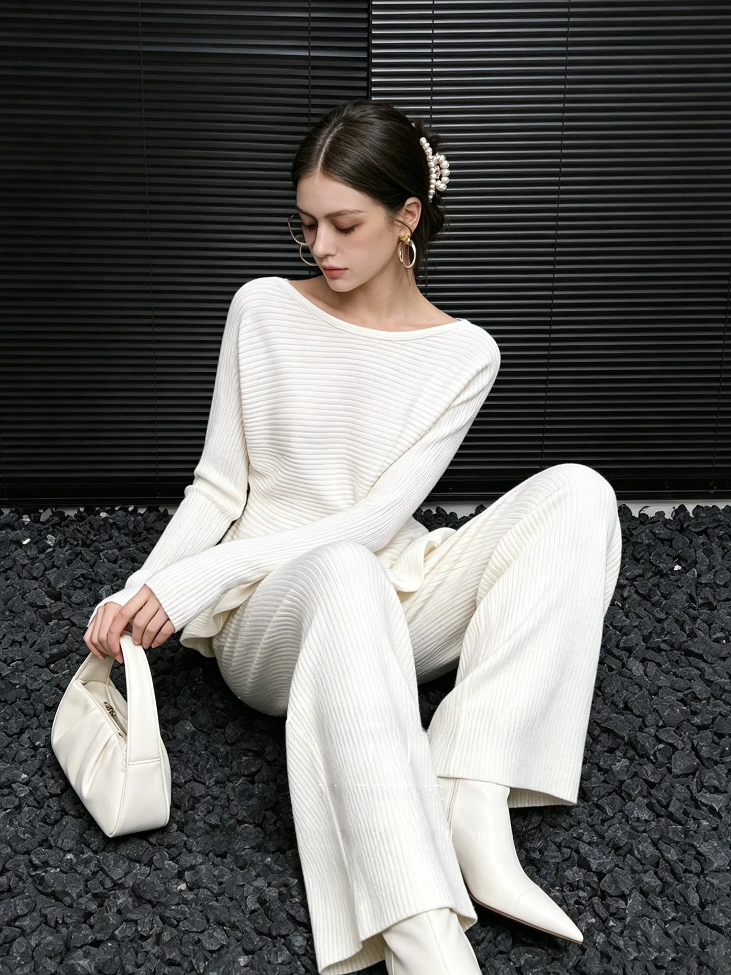 Huaappuw Luxury White Knitted Sweater Women's Fashion Shoulder Baring Top French Style Slim Fit Long Sleeve Travel Commute Ca...