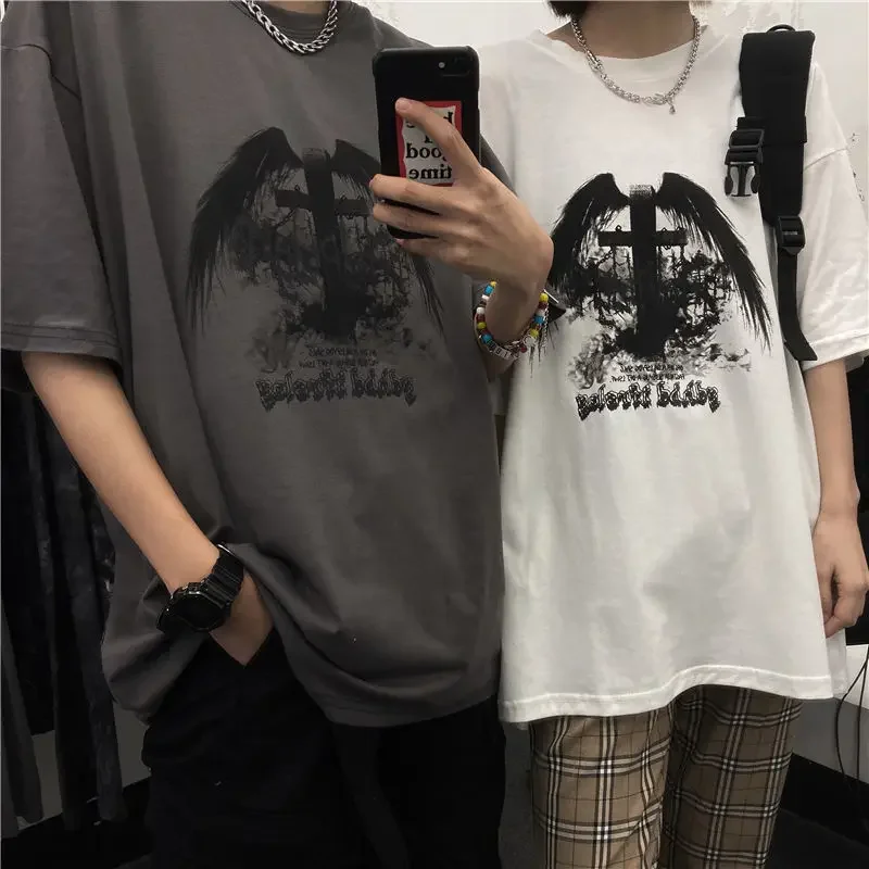 Y2K Emo Men Summer Oversized T-Shirt Korean Harajuku Tshirt Streetwear Dark Academia Hip Hop Alt Long Sleeved T Shirts Clothes