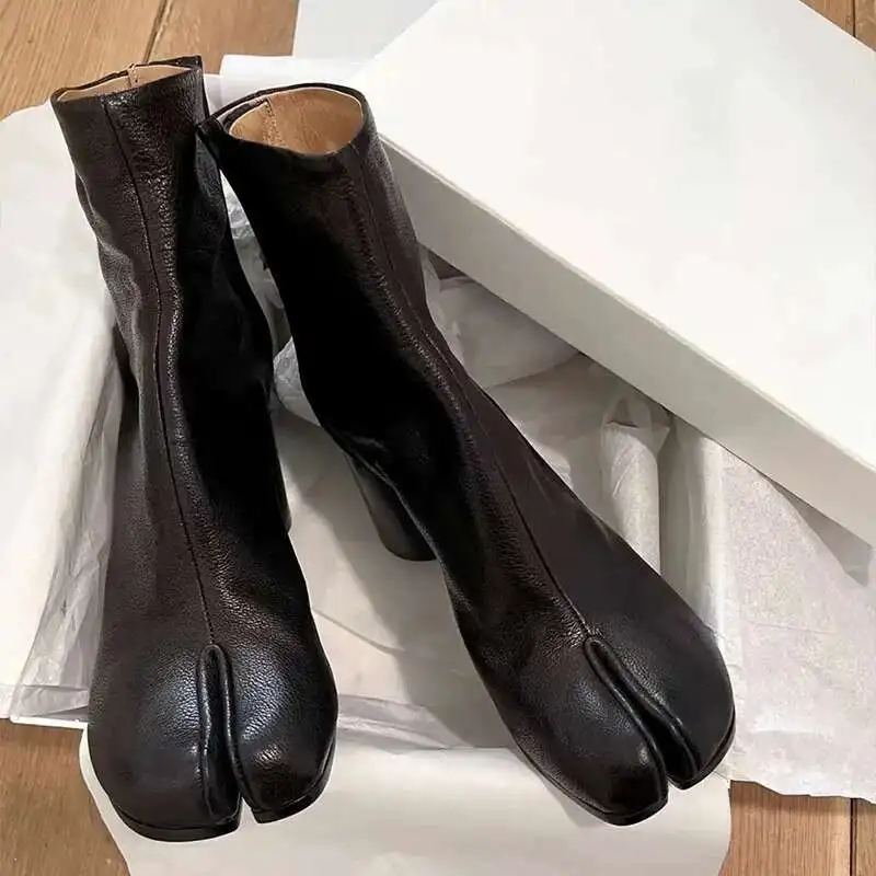 

Новые коричневые ботинки с разрезом на массивном коротком каблуке, женские кожаные ботинки Zapatos Mujer, модная осенняя женская обувь Botas Mujer
