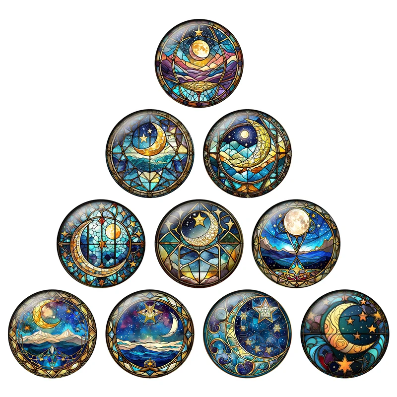 24pcs/lot Colored Moon and Stars Art Patterns 8mm/12mm/18mm/25mm Round Photo Glass Cabochon Demo Flat Back Making Findings H308