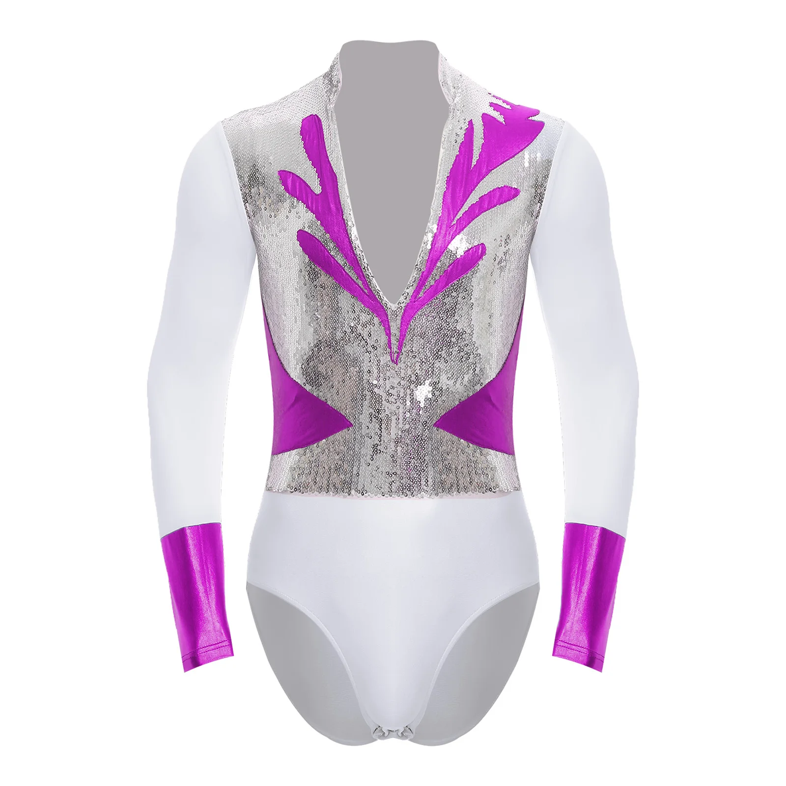 Męski metaliczny błyszczący strój do tańca baletowego, latynoamerykańskiego, body, koszulka, top, brokatowy kombinezon z cekinami, kostium do gimnastyki, łyżwiarstwa figurowego