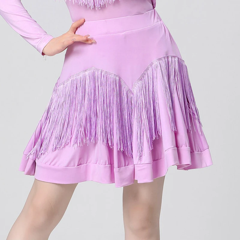 

Latin Dance Practice Costume Womens Tassel Short Skirts Purple Irregular Half Skirts Professional Dance Training Clothes